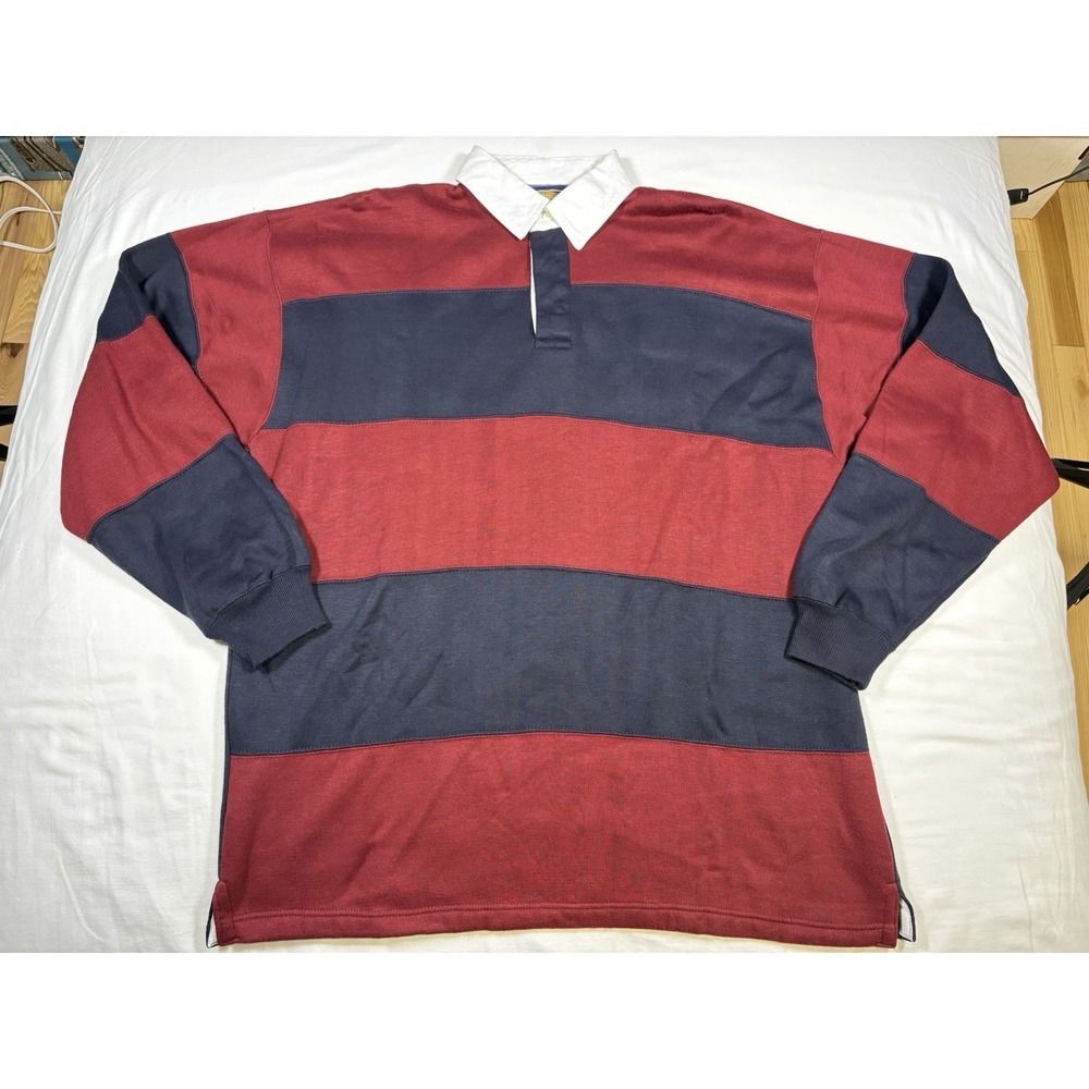 VTG Grand Banks Outfitters Rugby Shirt Mens L Maroon Navy Striped Block